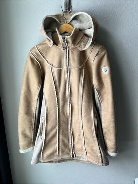 Kuhl Women’s Tan Hooded Faux-Leather Micro Suede Zip Jacket